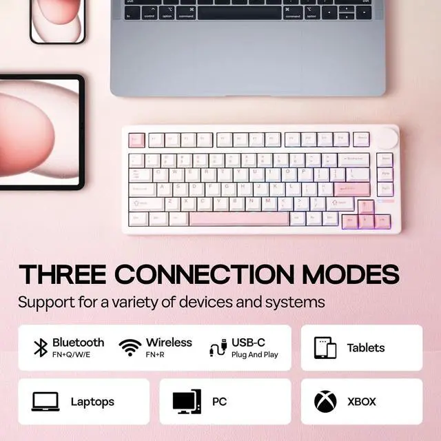 Alt view image 2 of 7 - EPOMAKER QK81 75% Wireless Mechanical Gaming Keyboard, QMK/VIA Programmable and Hot-Swappable, 81 Keys with Metal Knob, 2.4Ghz/BT/USB, Creamy Gasket-Mount, RGB Backlight (White, Flamingo Switch)