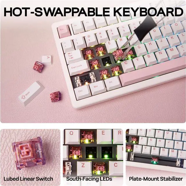 Alt view image 3 of 7 - EPOMAKER QK81 75% Wireless Mechanical Gaming Keyboard, QMK/VIA Programmable and Hot-Swappable, 81 Keys with Metal Knob, 2.4Ghz/BT/USB, Creamy Gasket-Mount, RGB Backlight (White, Flamingo Switch)