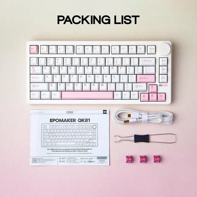 Alt view image 6 of 7 - EPOMAKER QK81 75% Wireless Mechanical Gaming Keyboard, QMK/VIA Programmable and Hot-Swappable, 81 Keys with Metal Knob, 2.4Ghz/BT/USB, Creamy Gasket-Mount, RGB Backlight (White, Flamingo Switch)