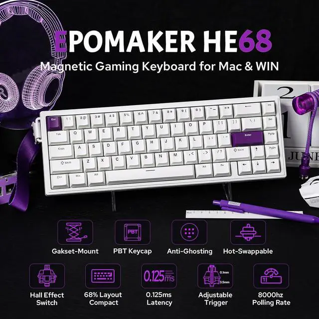 Alt view image 2 of 7 - EPOMAKER HE68 Hall Effect Keyboard, 8000hz Polling, 0.01mm Adjustable Trigger, 0.125ms Latency, Creamy Gasket, Snap Key, SOCD, RGB, Wired Magnetic Gaming Keyboard for Mac/PC (White)