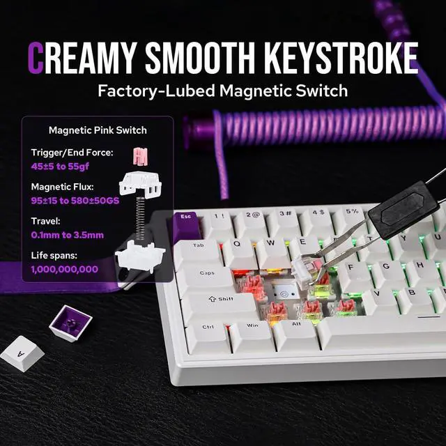Alt view image 6 of 7 - EPOMAKER HE68 Hall Effect Keyboard, 8000hz Polling, 0.01mm Adjustable Trigger, 0.125ms Latency, Creamy Gasket, Snap Key, SOCD, RGB, Wired Magnetic Gaming Keyboard for Mac/PC (White)