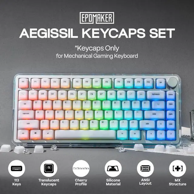 Alt view image 2 of 7 - EPOMAKER AegisSil Keycap Set, Silicone Material, Cherry Profile, 113 Keys, 65%/75%/96%/Full Size, Custom Keyboard Keycaps Set for Cherry MX, Kailh, Outemu, Gateron Mechanical Gaming Keyboard (White)