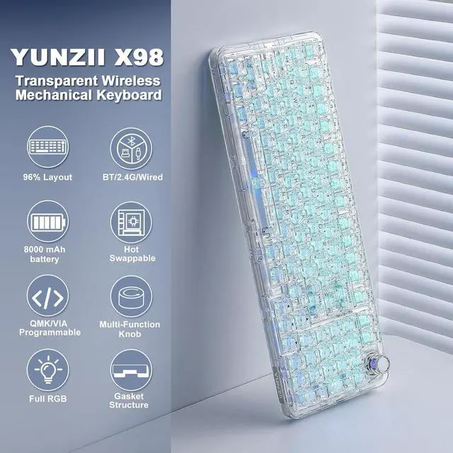 Alt view image 2 of 7 - YUNZII X98 QMK/VIA Wireless Mechanical Gaming Keyboard with Knob,Tri-Mode BT5.0/USB-C/2.4GHz Hot Swappable Keyboard,Pre-lubed Switches Gasket Mount RGB Backlit for Wins/Mac (White, Crystal Switch)