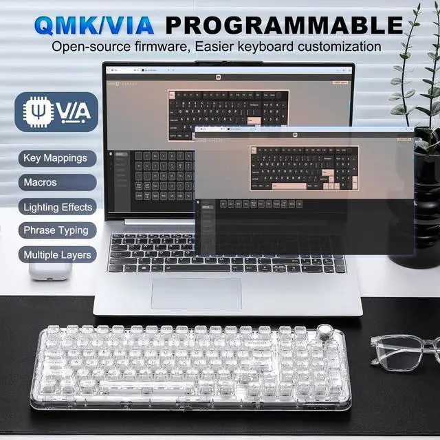 Alt view image 6 of 7 - YUNZII X98 QMK/VIA Wireless Mechanical Gaming Keyboard with Knob,Tri-Mode BT5.0/USB-C/2.4GHz Hot Swappable Keyboard,Pre-lubed Switches Gasket Mount RGB Backlit for Wins/Mac (White, Crystal Switch)