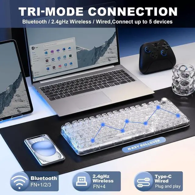 Alt view image 3 of 7 - YUNZII X98 QMK/VIA Wireless Mechanical Gaming Keyboard with Knob,Tri-Mode BT5.0/USB-C/2.4GHz Hot Swappable Keyboard,Pre-lubed Switches Gasket Mount RGB Backlit for Wins/Mac (White, Crystal Switch)