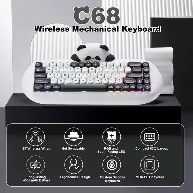 Alt view image 2 of 7 - YUNZII C68 Panda Wireless Mechanical Gaming Keyboard, 68 Keys Cute Layout with PBT Keycaps,RGB Backlit, Hot Swappable,Creamy Switches,BT5.0/2.4G/Wired for Win/Mac (Panda Switch,White)