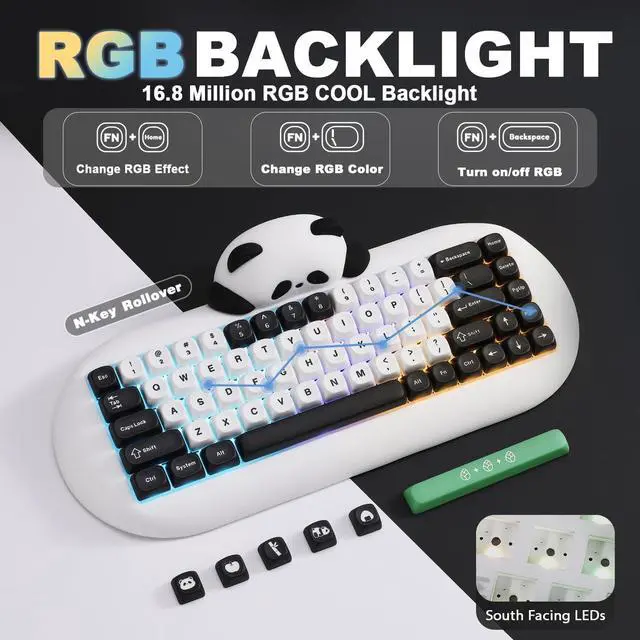 Alt view image 3 of 7 - YUNZII C68 Panda Wireless Mechanical Gaming Keyboard, 68 Keys Cute Layout with PBT Keycaps,RGB Backlit, Hot Swappable,Creamy Switches,BT5.0/2.4G/Wired for Win/Mac (Panda Switch,White)