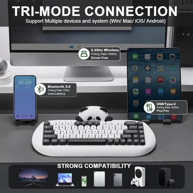 Alt view image 4 of 7 - YUNZII C68 Panda Wireless Mechanical Gaming Keyboard, 68 Keys Cute Layout with PBT Keycaps,RGB Backlit, Hot Swappable,Creamy Switches,BT5.0/2.4G/Wired for Win/Mac (Panda Switch,White)