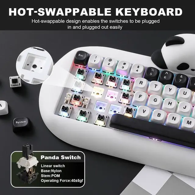 Alt view image 5 of 7 - YUNZII C68 Panda Wireless Mechanical Gaming Keyboard, 68 Keys Cute Layout with PBT Keycaps,RGB Backlit, Hot Swappable,Creamy Switches,BT5.0/2.4G/Wired for Win/Mac (Panda Switch,White)