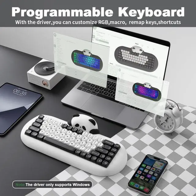 Alt view image 7 of 7 - YUNZII C68 Panda Wireless Mechanical Gaming Keyboard, 68 Keys Cute Layout with PBT Keycaps,RGB Backlit, Hot Swappable,Creamy Switches,BT5.0/2.4G/Wired for Win/Mac (Panda Switch,White)