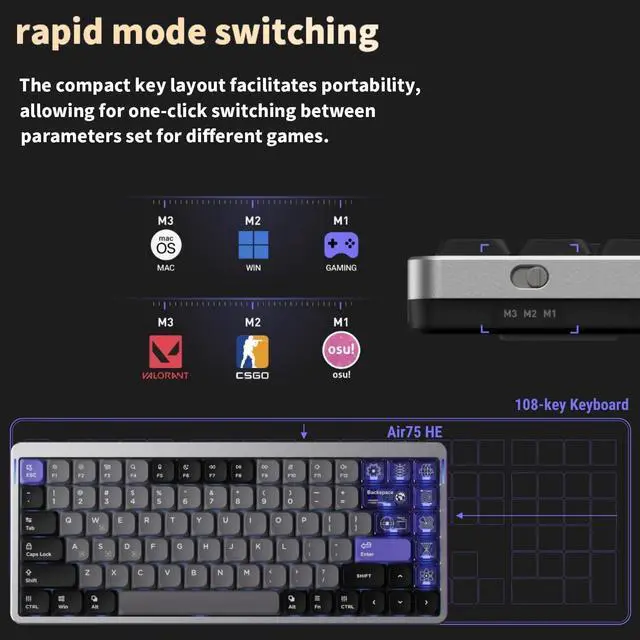 Alt view image 4 of 7 - nuphy Air75 HE Rapid Trigger Wired Custom Magnetic Gaming Keyboard,RGB HotSwap, 84 Keys 75% Layout Adjustable Actuation Esports Low Profile Keyboard, Hall Effect Keyboard(Magnetic Jade Pro Switch)