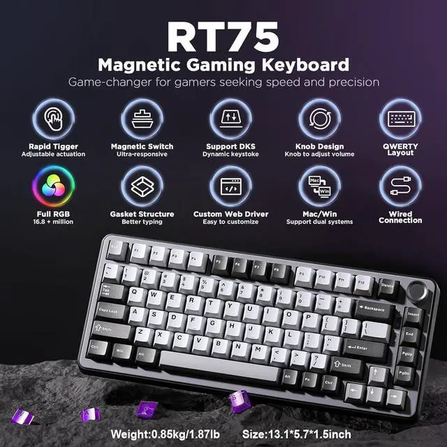 Alt view image 2 of 7 - YUNZII RT75 Rapid Trigger Gaming Keyboard,Hall Effect Magnetic Switch,Adjustable Actuation Esports,75% TKL Layout with Knob,RGB Backlit, PBT Keycaps for Mac/Win (Black, Gateron Silky Pro Switch)