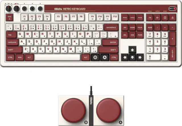 Main image of 8Bitdo 108 Keys Retro Mechanical Keyboard Bluetooth/2.4G/USB-C, Hot Swappable, Dual Super Programmable Buttons, Volume knob for Windows and Android - Fami Edition