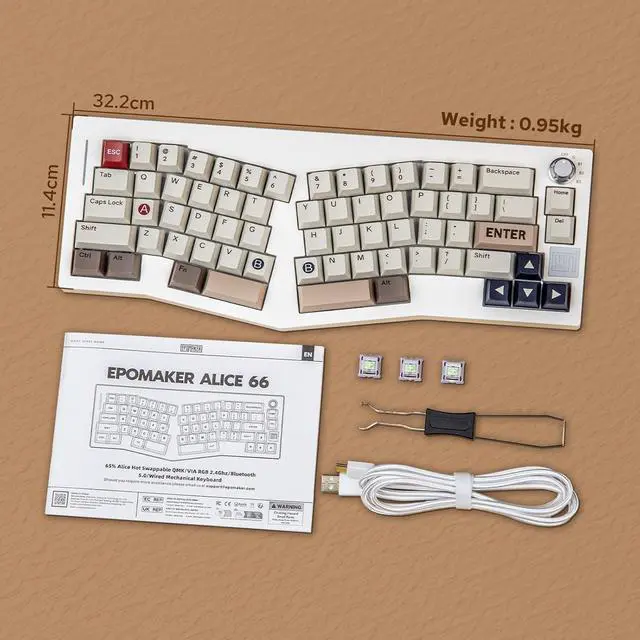 Alt view image 7 of 7 - EPOMAKER Alice 66 Wireless Gaming Keyboard, Alice Layout QMK/VIA Programmable Mechanical Keyboard with 4000mAh Battery, BT5.0/2.4GHz/USB-C Wired, Hot Swappable (Wisteria Linear Switch)