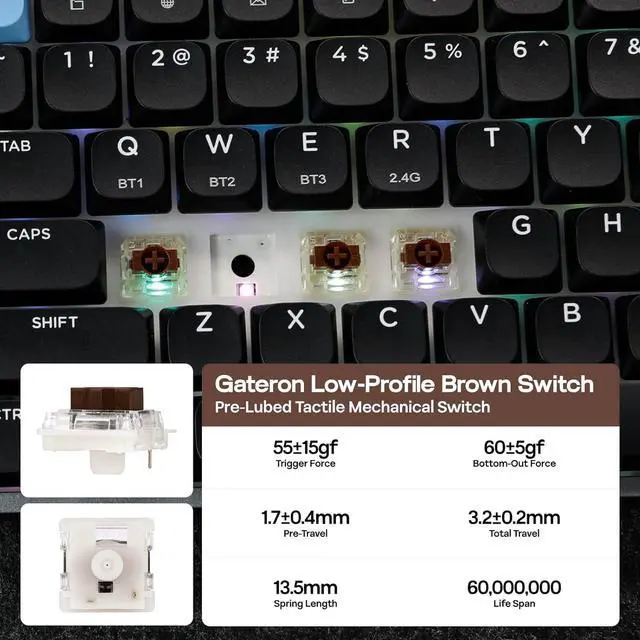 Alt view image 3 of 7 - EPOMAKER Luma84 Low Profile Aluminum Mechanical Keyboard, QMK/VIA Programmable, Tri-Mode Wireless, Win/MAC/Linux Compatible, RGB Backlight (Black&Blue, Gateron Low-Profile Brown Switch)