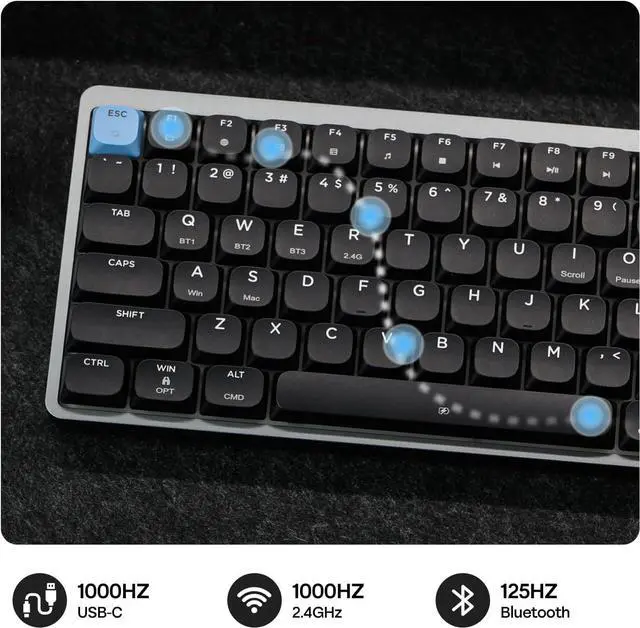 Alt view image 4 of 7 - EPOMAKER Luma84 Low Profile Aluminum Mechanical Keyboard, QMK/VIA Programmable, Tri-Mode Wireless, Win/MAC/Linux Compatible, RGB Backlight (Black&Blue, Gateron Low-Profile Brown Switch)