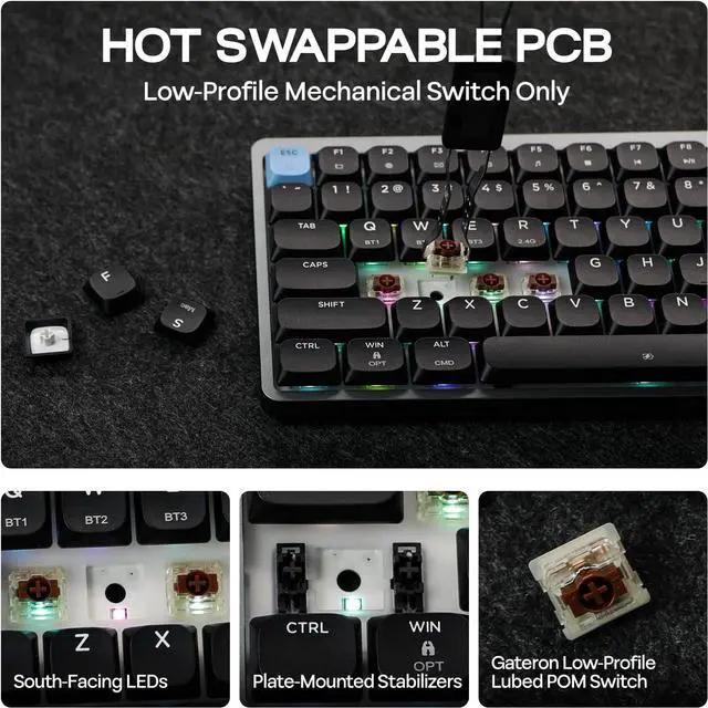Alt view image 5 of 7 - EPOMAKER Luma84 Low Profile Aluminum Mechanical Keyboard, QMK/VIA Programmable, Tri-Mode Wireless, Win/MAC/Linux Compatible, RGB Backlight (Black&Blue, Gateron Low-Profile Brown Switch)