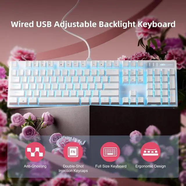 Alt view image 2 of 7 - MageGee Mechanical Gaming Keyboard, Wired USB Adjustable Backlight Keyboard, New Mechanical Storm 100% Anti-ghosting Keyboard with Blue Switches for Windows PC/MAC Games (White)