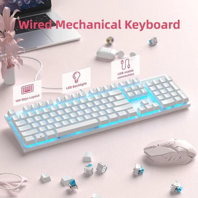 Alt view image 3 of 7 - MageGee Mechanical Gaming Keyboard, Wired USB Adjustable Backlight Keyboard, New Mechanical Storm 100% Anti-ghosting Keyboard with Blue Switches for Windows PC/MAC Games (White)