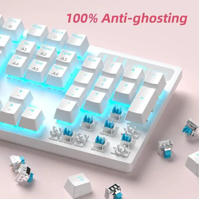 Alt view image 4 of 7 - MageGee Mechanical Gaming Keyboard, Wired USB Adjustable Backlight Keyboard, New Mechanical Storm 100% Anti-ghosting Keyboard with Blue Switches for Windows PC/MAC Games (White)