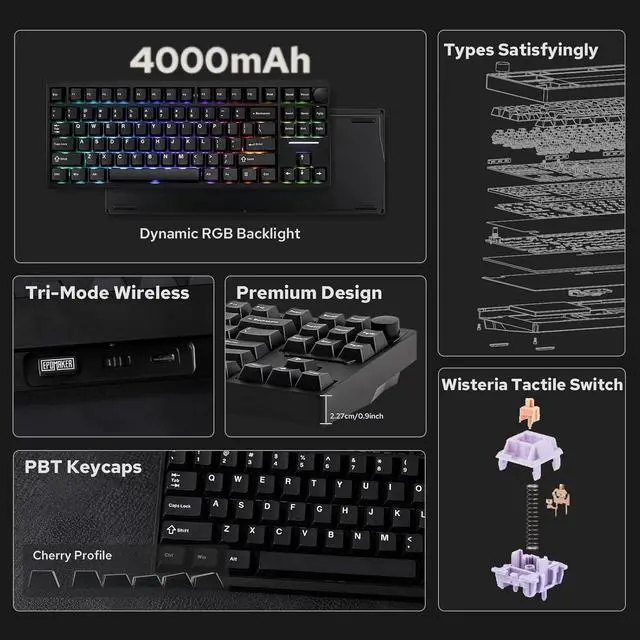 Alt view image 3 of 5 - EPOMAKER P87 TKL Aluminum Wireless Gaming Keyboard, QMK/VIA Programmable Mechanical Keyboard, 87% Bluetooth/2.4Ghz/USB-C Keyboard with CNC Metal Knob and RGB Backlight (Black, Wisteria Linear Switch)