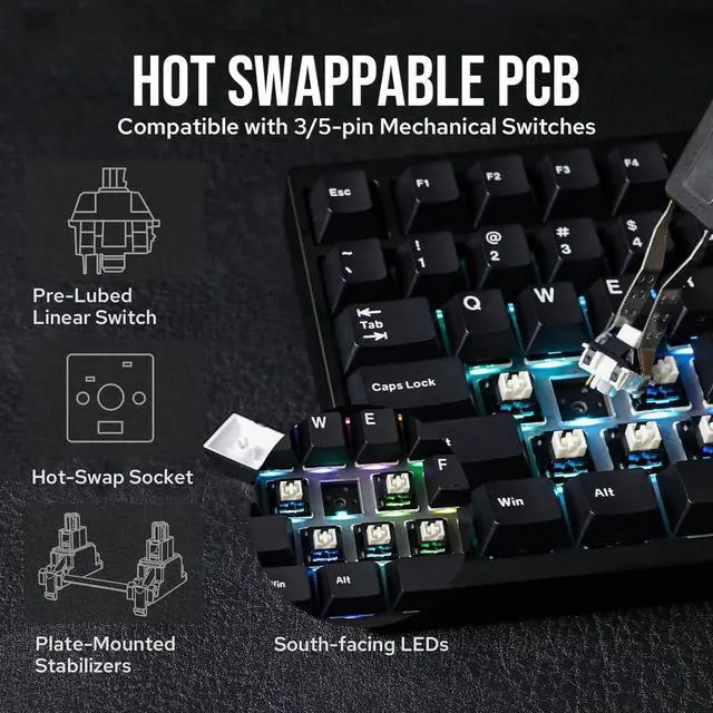 Alt view image 4 of 5 - EPOMAKER P87 TKL Aluminum Wireless Gaming Keyboard, QMK/VIA Programmable Mechanical Keyboard, 87% Bluetooth/2.4Ghz/USB-C Keyboard with CNC Metal Knob and RGB Backlight (Black, Wisteria Linear Switch)