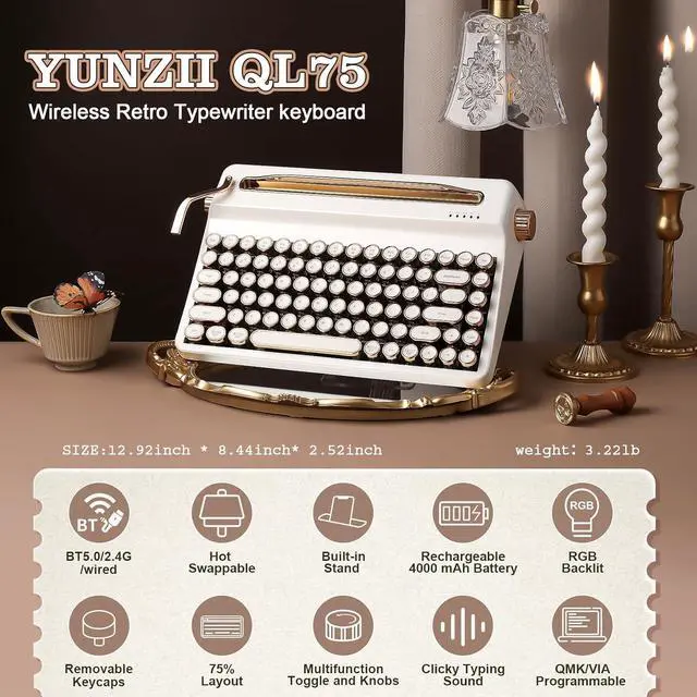 Alt view image 2 of 7 - YUNZII QL75 Wireless Typewriter Hot Swap Retro Mechanical Keyboard,Punk Round Keycaps,RGB Backlit QMK/VIA Programmable, Multi-Device Keyboard with 2.4GHz/Type-C/BT5.0 (White, Cocoa Cream V2 Switch)
