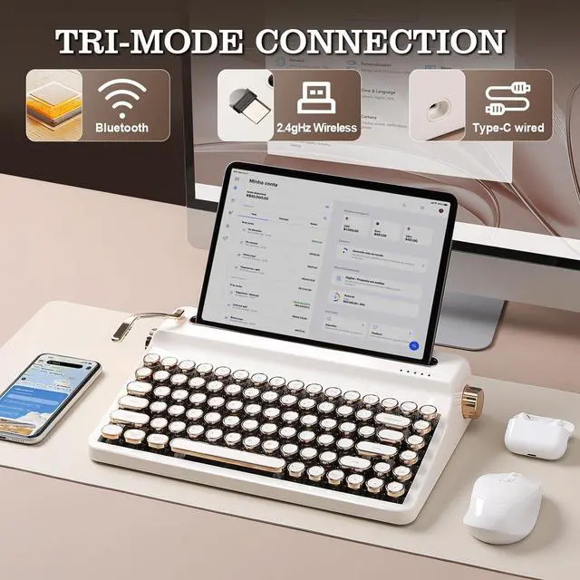 Alt view image 3 of 7 - YUNZII QL75 Wireless Typewriter Hot Swap Retro Mechanical Keyboard,Punk Round Keycaps,RGB Backlit QMK/VIA Programmable, Multi-Device Keyboard with 2.4GHz/Type-C/BT5.0 (White, Cocoa Cream V2 Switch)