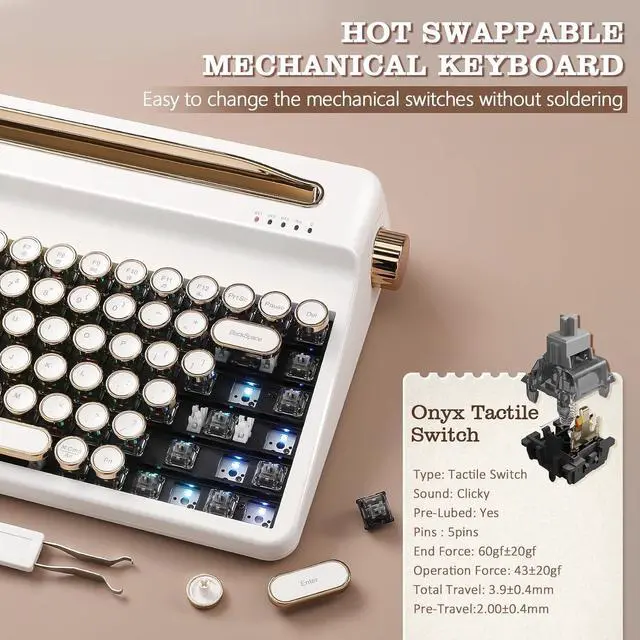 Alt view image 5 of 7 - YUNZII QL75 Wireless Hot Swap Retro Mechanical Typewriter Keyboard,Punk Round Keycaps,RGB Backlit QMK/VIA Programmable,Multi-Device Keyboard with 2.4GHz/Type-C/BT5.0 (White, Onyx Switch)