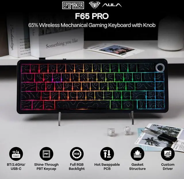 Alt view image 2 of 7 - EPOMAKER X Aula F65 PRO Wireless Mechanical Gaming Keyboard, Hot-Swappable, Knob and Shine-Through PBT Keycap, RGB, Bluetooth/2.4GHz Wireless (Black Topographic, Icesoul Switch)
