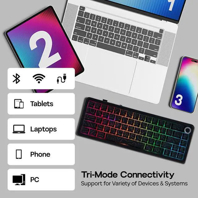 Alt view image 3 of 7 - EPOMAKER X Aula F65 PRO Wireless Mechanical Gaming Keyboard, Hot-Swappable, Knob and Shine-Through PBT Keycap, RGB, Bluetooth/2.4GHz Wireless (Black Topographic, Icesoul Switch)