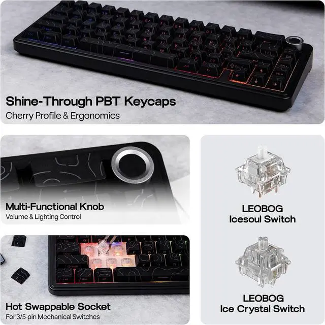 Alt view image 4 of 7 - EPOMAKER X Aula F65 PRO Wireless Mechanical Gaming Keyboard, Hot-Swappable, Knob and Shine-Through PBT Keycap, RGB, Bluetooth/2.4GHz Wireless (Black Topographic, Icesoul Switch)
