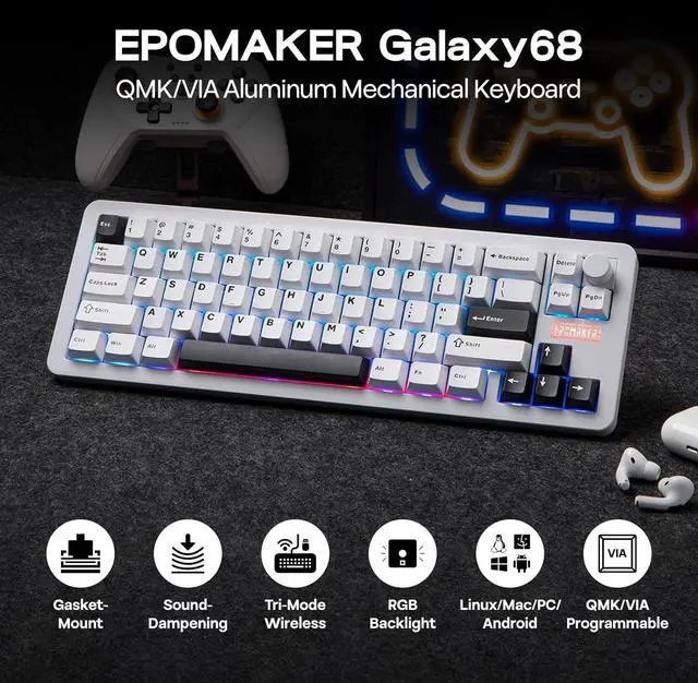 Alt view image 2 of 7 - EPOMAKER Galaxy68 QMK/VIA Wireless Mechanical Keyboard, Aluminum Alloy, Gasket, 6000mAh, RGB Side/Backlight, 65% Gaming Keyboard with Hot-Swappable Creamy Linear Switch (White, Marble White Switch)