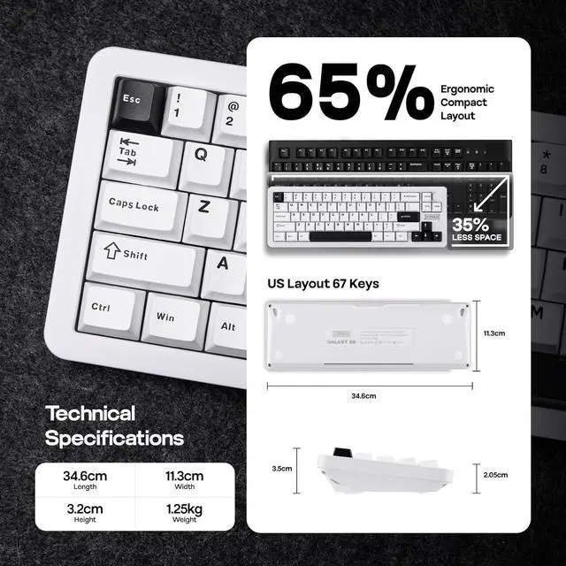 Alt view image 5 of 7 - EPOMAKER Galaxy68 QMK/VIA Wireless Mechanical Keyboard, Aluminum Alloy, Gasket, 6000mAh, RGB Side/Backlight, 65% Gaming Keyboard with Hot-Swappable Creamy Linear Switch (White, Marble White Switch)