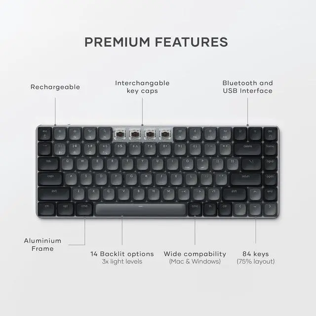 Alt view image 3 of 7 - Satechi SM1 75% Mechanical Keyboard for Mac and Windows, LED Backlit Bluetooth Keyboard, 84 Keys Compact Wireless, Gaming, for Mac and Windows - Dark Gray/Gray