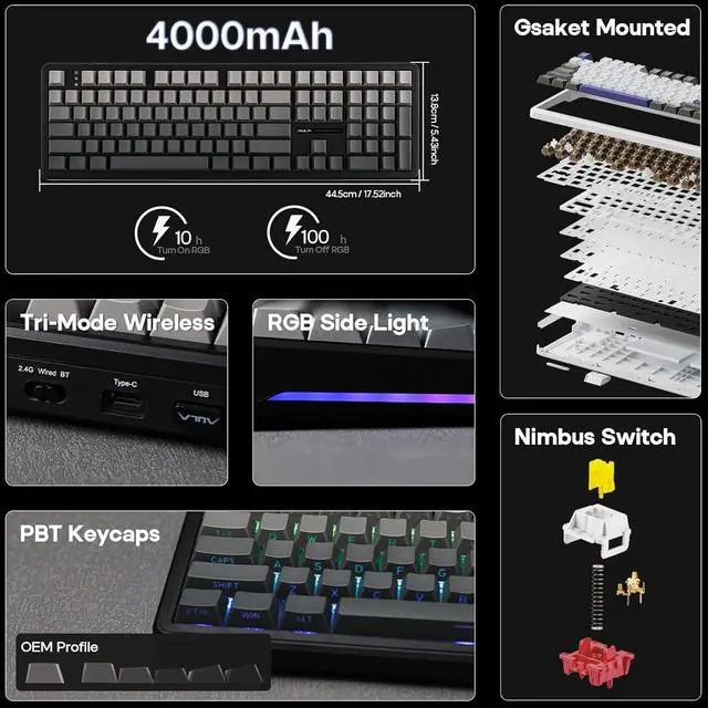 Alt view image 2 of 7 - EPOMAKER Aula F108 Full Size Wireless Gaming Keyboard with 4000mAh Battery, 108 Hot-Swappable and Programmable Keys, NKRO, RGB Backlight, for Win/Mac/PC/Android (Black Gradient)