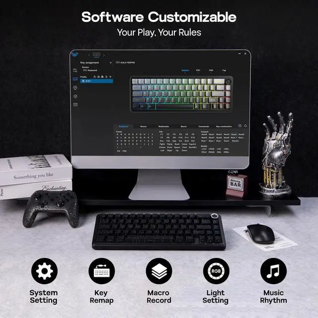Alt view image 6 of 7 - EPOMAKER X Aula F65 PRO Wireless Mechanical Gaming Keyboard, Hot-Swappable, Knob and Shine-Through PBT Keycap, RGB, Bluetooth/2.4GHz Wireless (Black Topographic, Icesoul Switch)