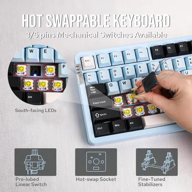 Alt view image 6 of 7 - EPOMAKER X LEOBOG HI86 Wireless Gaming Keyboard, Gasket Aluminum Mechanical Keyboard with Spray-Painted Finish, Hot Swap Programmable Keyboard, RGB Backlit for Win/Mac/Gaming (Blue)