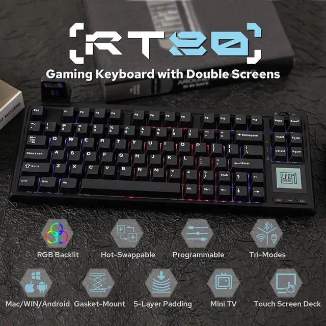 Alt view image 2 of 7 - EPOMAKER RT80 Wireless Gaming Keyboard, Tri-Mode 75% Mechanical Keyboard, Hot-swap Creamy Custom Keyboard, with Touch Screen and Mini Display, NKRO for Office Game (Black, Wisteria Linear Switch)