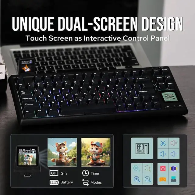 Alt view image 4 of 7 - EPOMAKER RT80 Wireless Gaming Keyboard, Tri-Mode 75% Mechanical Keyboard, Hot-swap Creamy Custom Keyboard, with Touch Screen and Mini Display, NKRO for Office Game (Black, Wisteria Linear Switch)