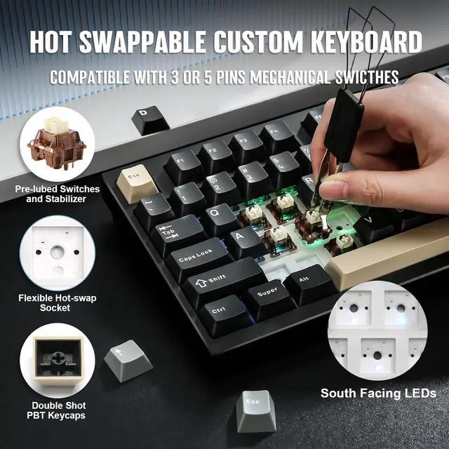 Alt view image 5 of 7 - YUNZII AL75 PRO 75% Wireless Mechanical Gaming Keyboard,Full Aluminum CNC,BT/2.4G/Wired,PBT Keycaps,Gasket Mounted Hot Swap,Custom RGB Backlight, Programmable For Mac/Win(Black, Cocoa Cream V2 Switch)