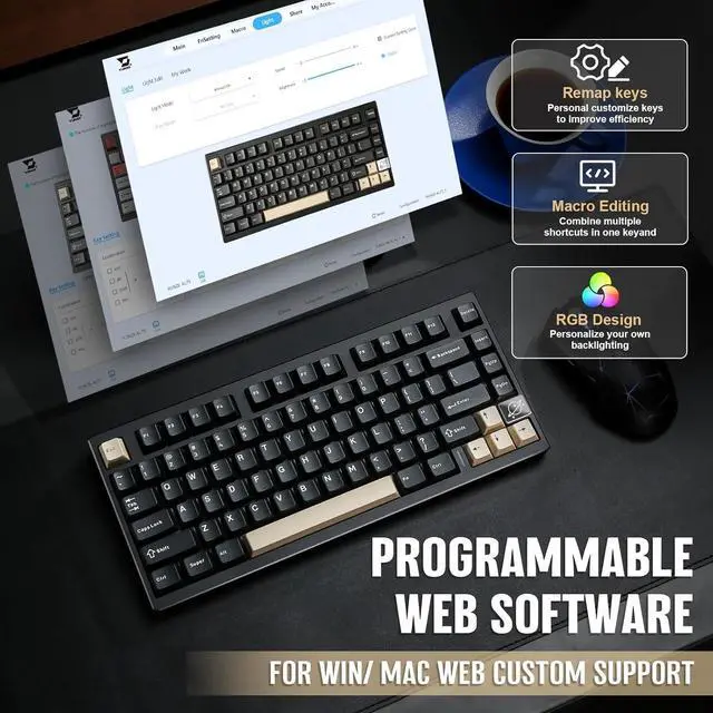 Alt view image 6 of 7 - YUNZII AL75 PRO 75% Wireless Mechanical Gaming Keyboard,Full Aluminum CNC,BT/2.4G/Wired,PBT Keycaps,Gasket Mounted Hot Swap,Custom RGB Backlight, Programmable for Mac/Win (Black, Blue Grey)