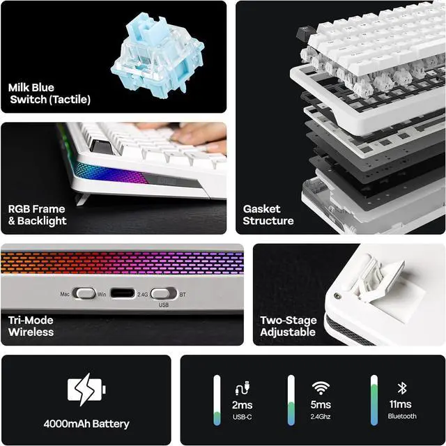 Alt view image 2 of 7 - EPOMAKER TH85 QMK/VIA Wireless Gaming Keyboard, BT5.0/2.4GHz/USB-C, Hot Swappable Pre-lubed Custom Milk Blue Tactile Switches, Gasket Creamy Keyboard for PC/Mac/Office/Gaming (White)
