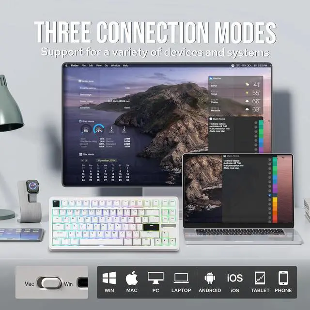 Alt view image 3 of 7 - EPOMAKER TH85 QMK/VIA Wireless Gaming Keyboard, BT5.0/2.4GHz/USB-C, Hot Swappable Pre-lubed Custom Milk Blue Tactile Switches, Gasket Creamy Keyboard for PC/Mac/Office/Gaming (White)