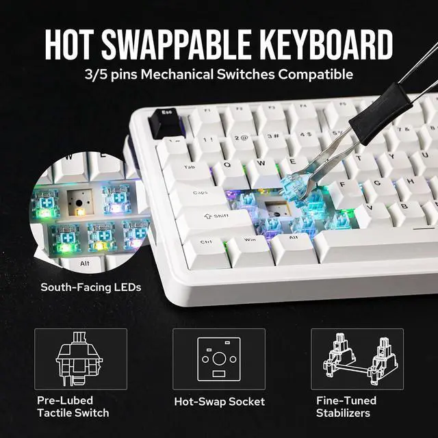 Alt view image 4 of 7 - EPOMAKER TH85 QMK/VIA Wireless Gaming Keyboard, BT5.0/2.4GHz/USB-C, Hot Swappable Pre-lubed Custom Milk Blue Tactile Switches, Gasket Creamy Keyboard for PC/Mac/Office/Gaming (White)