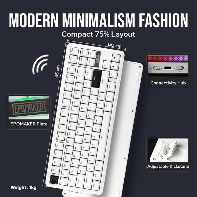 Alt view image 7 of 7 - EPOMAKER TH85 QMK/VIA Wireless Gaming Keyboard, BT5.0/2.4GHz/USB-C, Hot Swappable Pre-lubed Custom Milk Blue Tactile Switches, Gasket Creamy Keyboard for PC/Mac/Office/Gaming (White)
