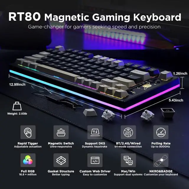 Alt view image 2 of 7 - YUNZII RT80 Rapid Trigger Hall Effect Magnetic Gaming Keyboard, 8K Polling Rate, 75% Layout,BT/2.4GHz/Wired,RGB Backlit, Hot Swap,Adjustable Actuation Wireless for Win/Mac (Black, Gateron White)