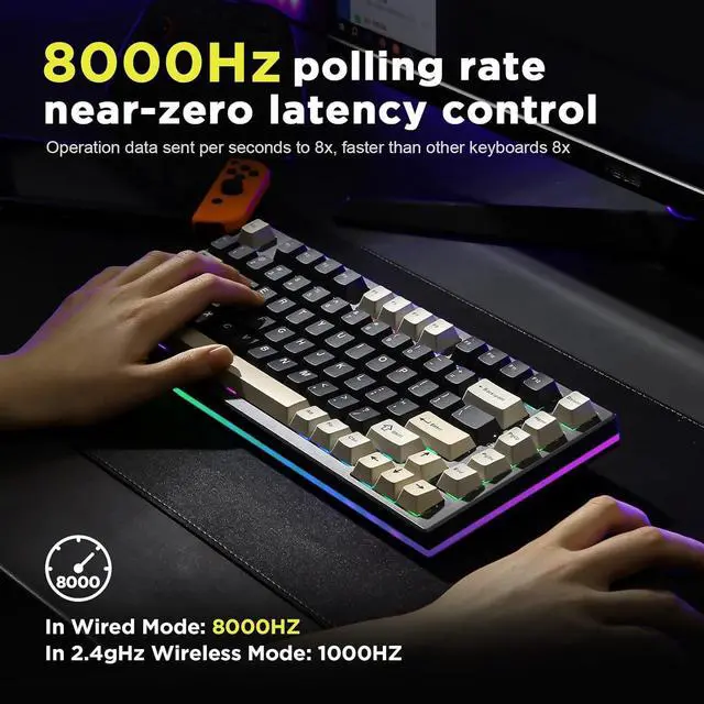 Alt view image 4 of 7 - YUNZII RT80 Rapid Trigger Hall Effect Magnetic Gaming Keyboard, 8K Polling Rate, 75% Layout,BT/2.4GHz/Wired,RGB Backlit, Hot Swap,Adjustable Actuation Wireless for Win/Mac (Black, Gateron White)