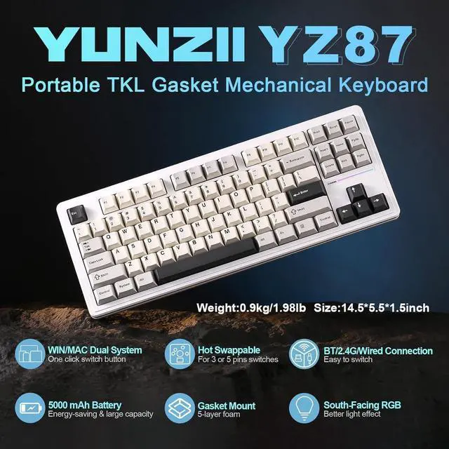 Alt view image 2 of 7 - YUNZII YZ87 Gasket Mechanical Keyboard,TKL Wireless Hot Swappable with 5-Layer Padding, BT5.0/2.4G/USB-C NKRO RGB Backlit for Win/Mac(White, Milk Switch)