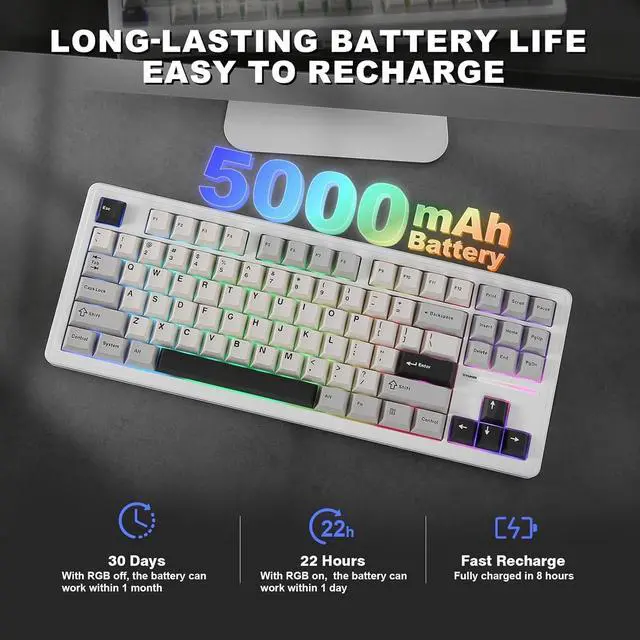 Alt view image 7 of 7 - YUNZII YZ87 Gasket Mechanical Keyboard,TKL Wireless Hot Swappable with 5-Layer Padding, BT5.0/2.4G/USB-C NKRO RGB Backlit for Win/Mac(White, Milk Switch)